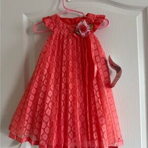 Rare Editions Coral Lace Dress with Floral Ribbon Accent